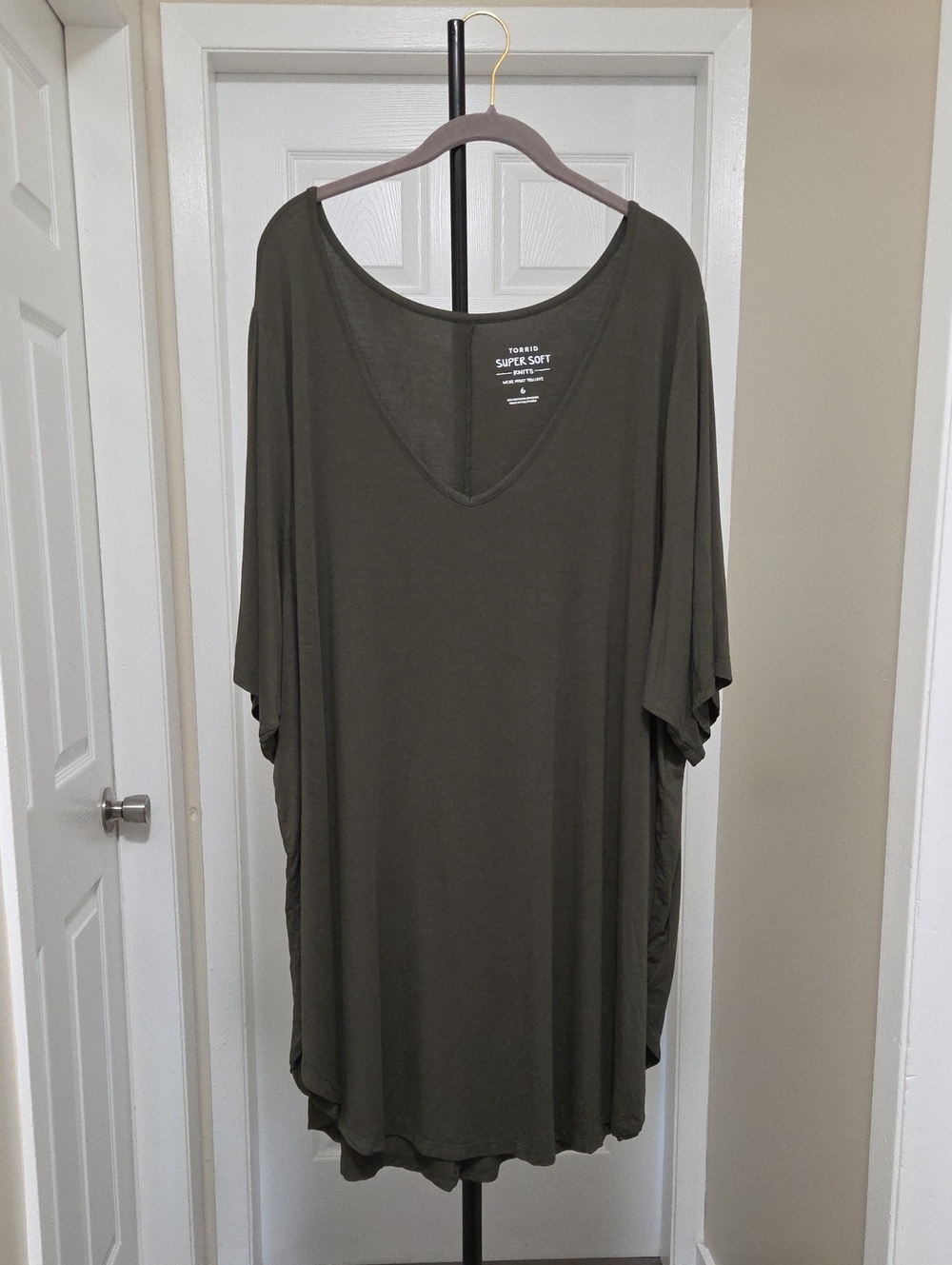 Torrid Plus Size Olive Green Super Soft V-Neck Dress | Stretch Relaxed Drape - Picture 2 of 7